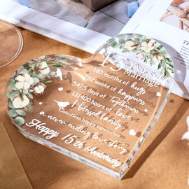 Wedding Gift for Her Years of Marriage Gift Happy Anniversary Present for Woman Acrylic Heart Marriage Keepsake for Wife Husband Girlfriend Boyfriend (15th Style)