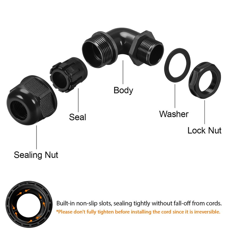 LeMotech M16 Cable Gland, 90 Degree Adjustable 6-10mm Strain Relief,
