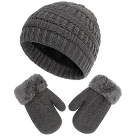 Muryuobao Toddler Kids Girls Boys Knitted Winter Hat Gloves Set Warm Fleece Lined Hats Baby Cable Skull Beanie Cap Mittens Set Dark Grey Small