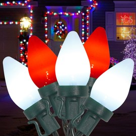 HAYATA C7 Bulbs Battery Classic Christmas String Lights with Timer - Red&White 50 LED 24ft String Lights - Fairy Lighting for Outdoor, Indoor, Garden, Yard, Party, Home, Wreath, Garlan SE