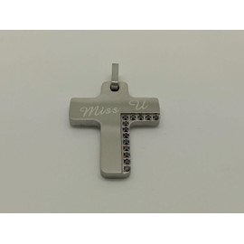 Unbranded Stainless Steel Miss You Cross Pendant with Black Zirconia Side Crystals