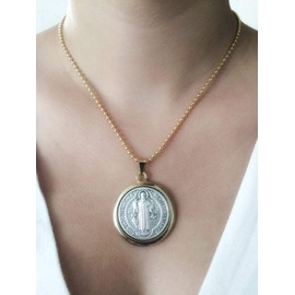 St Benedict Necklace Gold Plated Chain 17.2 Inches 45cm Medalla San Benito