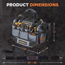 Arbon Electrician Tool Bag – Heavy Duty Organizer with 34 Pockets, Large Storage for Men, 5-Layer Reinforced Walls, Metal Frame, Hard Molded Base, Water Resistant Polyester PP Plastic, Grey, 52+ lb