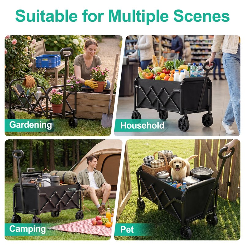 SUNNYFEEL Lightweight Folding Wagon Cart, 350LBS Portable Wagon Carts Foldable