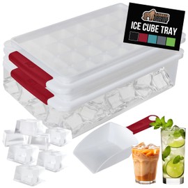 GORILLA GRIP Stackable Ice Cube Tray and Bucket Set for Freezer, Includes 2 Trays with Lid and Scooper, Easy Release, Makes 56 Cubes for Cocktail Soda Coffee, Leak Proof Bin Kit, Kitchen Tools, Red