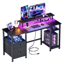 Furologee 51" Gaming Desk with Power Outlets & LED Lights, Reversible Computer Desk with File Cabinet & Monitor Stand for Home Office, Large Work Table with Storage Shelves & Drawer, Black