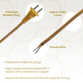 Royal Designs, Inc. Lamp Cord Molded Plug with Dimmer Switch, Stripped Ends Ready for Wiring, 8 ft Long, Gold, SPT-1 UL Listed (CO-5001D-GL-8-1)