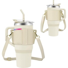 Water Bottle Holder for  Tumbler with Handle, Leather Carrier Strap for 40 oz 30 oz  Cup Accessories, Water Bottle Carrier with Adjustable Strap, Card Holder, Keyring (Brown) - Color: White
