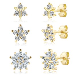 LANGLY 3 Pairs Gold Stud Earrings Set for Women - Hypoallergenic 14K Gold Plated Small Flower Cubic Zirconia Studs Sets for Multiple Piercings Jewellery Gifts