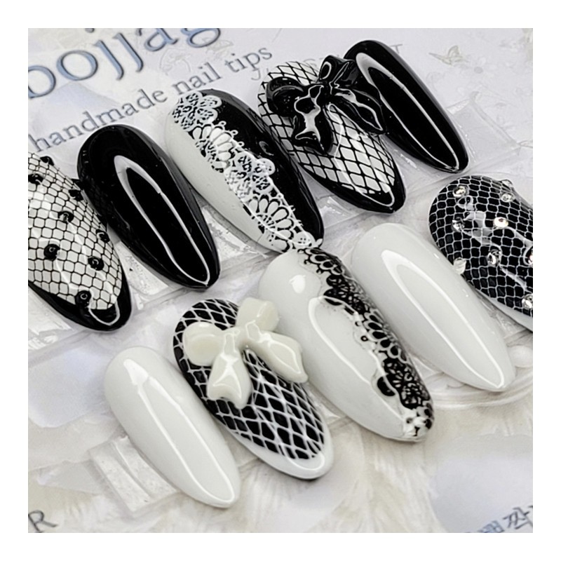 Mesh lace handmade nail tips - Coffin Egg / 망사