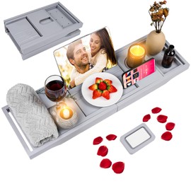 Foldable Bathtub Caddy Tray, Bamboo Bath Tub Tray Table for Tub with Wine Glass Holder Book Phone Tablet Holder with Extending Sides, Adjustable Bathroom Bathtub Free Soap Holder Gift Idea (Grey)