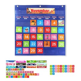 zalati Calendar Pocket Chart Monthly Activity Planner with 88 Cards for Kids Education Learning Toy Classroom Festival Decoration