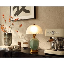 Glivpny Vintage Lamp for Living Room,16" Modern Ceramic Table Lamps for Bedroom,Retro Bedside Nightstand Traditional Lamps, Classic Chinoiserie Green Lamp for Home Decor (LD003)