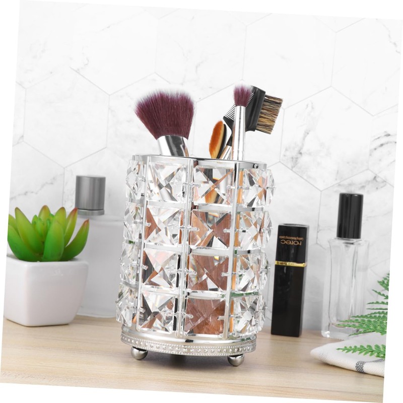 IWOWHERO Makeup Brush Holder Large Silver Hollow Lace Crystal Cosmetics