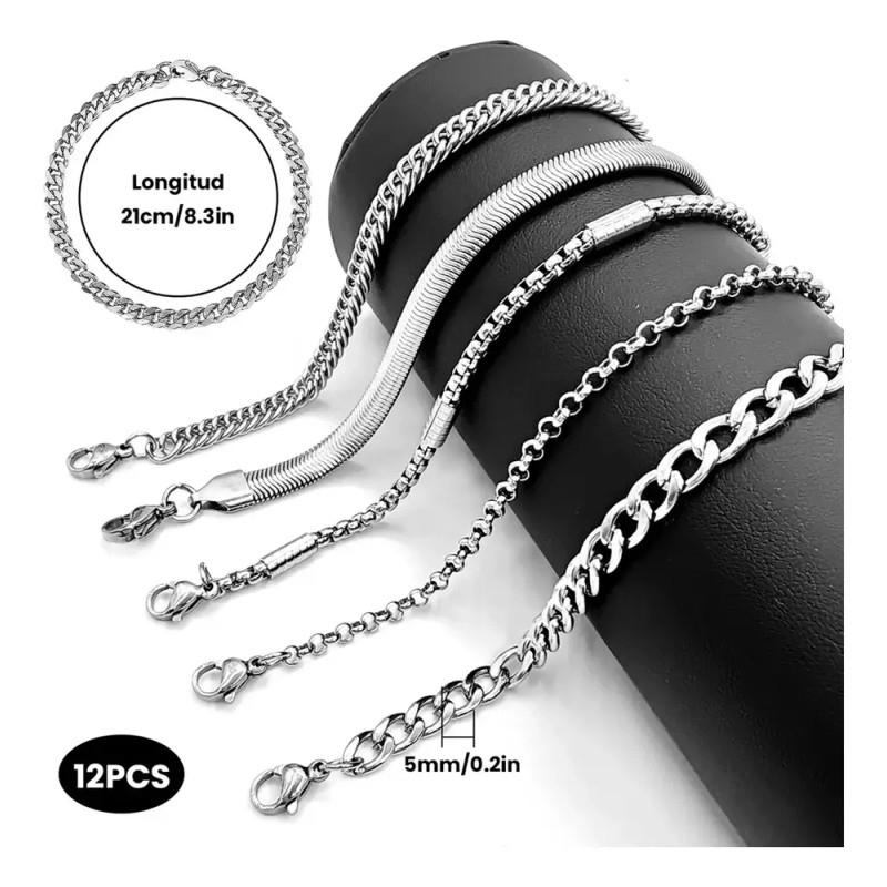 Pulseras Hombre Acero Inoxidable 12 Piezas Plata Joyería