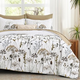 Yiran Khaki Floral Comforter Set King Size, 7 Piece Dandelion Botanical Plant Comforter Bedding Set, Bed in a Bag King, Soft Microfiber Complete Bedding Set with Sheets for All Season
