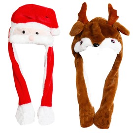 YouYuer Santa Hat, 2 Pieces Christmas Hat, Plush Funny Santa Hats, Santa Hats, Christmas Hat with Movable Ears, Santa Hat for Adults, Children, Christmas Party Hats (A)