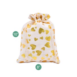 12-Pack 8x10 Reusable Cotton Canvas Muslin Gift Bags w. Drawstrings (Golden Hearts, Large) - for Presents, Party Favors, Retail, Samples by TheDisplayGuys