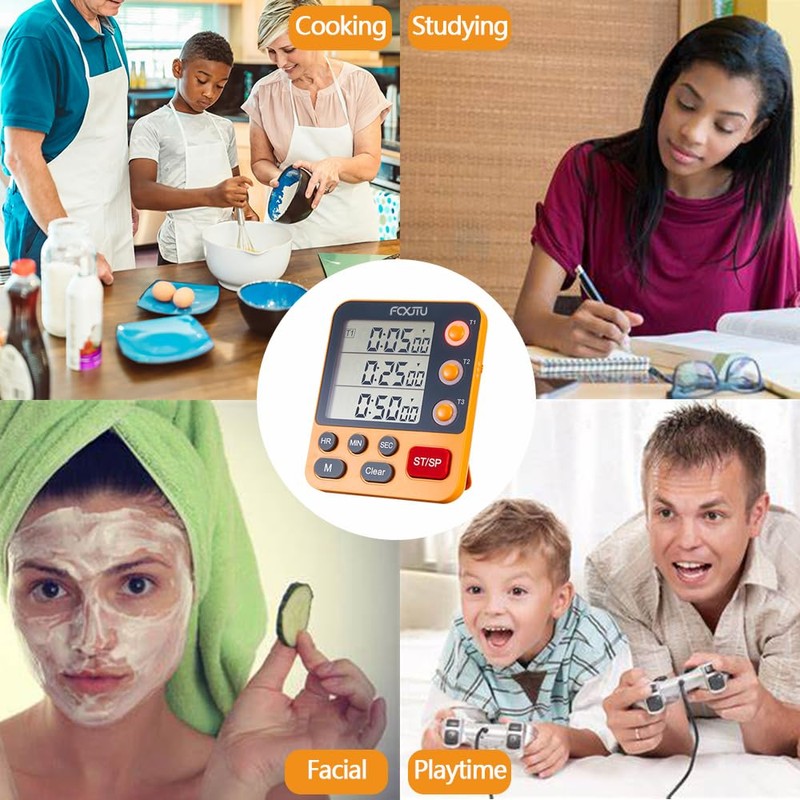 FCXJTU Digital Dual Triple Kitchen Timer, 3 Channels Count UP/Down