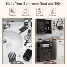 OKD Bathroom Floor Cabinet, Farmhouse Storage Cabinet with Sliding Barn Door & Storage Drawers, Small Storage Cabinet for Bathroom, Kitchen, Living Room, Dark Rustic Oak