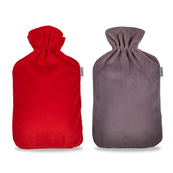 Anstore Hot Water Bottle Cover 2 Pack, Fluffy Fleece Cover for 2 Liter Hot Water Bottle, Gray and Red (Not Include Hot Water Bottle)