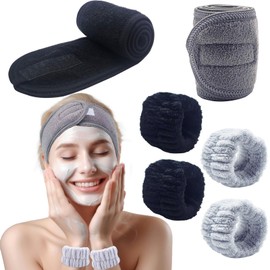 BTIYMU Set of 6 Make-Up Hair Bands, Cosmetic Wrist Wash Band Set, Spa Headband, Skincare, Terry Towelling Hair Bands, Women's Make-Up Hair Band, Hair Band, Make-Up Beauty Headband, Black, Grey