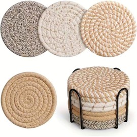 pijiuoi Drink Coaster, 8 Pack, Multi-Color 2, Cotton and Linen, Round, Absorbent, Dishwasher Safe