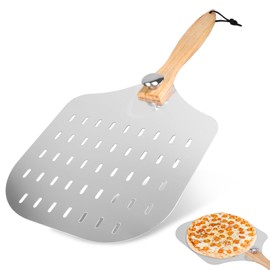 Pizza Peel 12 inch, Pizza Paddle with Wood Long Handle & Holes Pizzas Turning Peel, Metal Oven Tools for Baking Pizzas and Breads, 31x63 cm