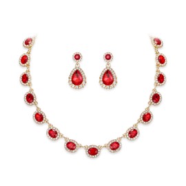 EVER FAITH Wedding Crystal Bridal Jewelry Sets for Bride Bridesmaid Statement Choker Necklace Teardrop Dangle Earrings for Women Party Prom Gift Red Gold-Tone