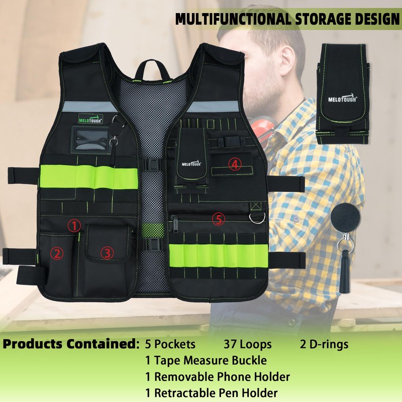 MELOTOUGH Tool Vest for Men Reflective Safety Tool Vest with