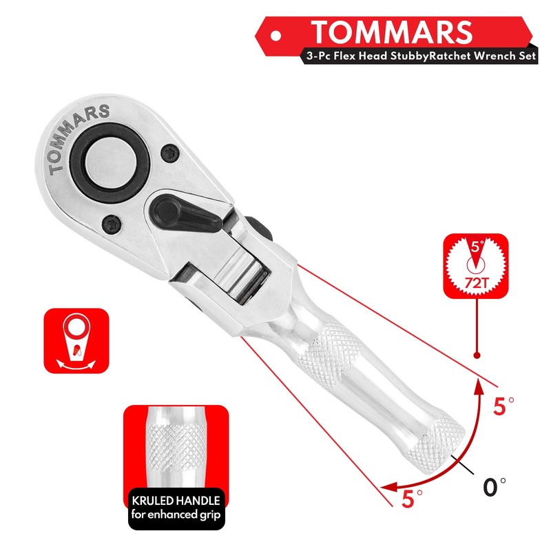 TOMMARS Flex-Head Stubby Ratchet Set, 1/4", 3/8", 1/2" Drive Flexible