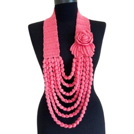 Pink Necklace Crochet Scarf with Rose, Leaves