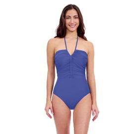 Profile by Gottex Tutti Frutti Women’s Bandeau Halter Tie One Piece Stylish Bathing Suit with Adjustable Strap Tummy Control, Blue, 12
