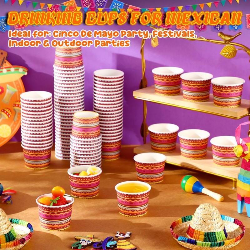 Ziliny 200 Pcs Fiesta Paper Cups Mexican Disposable Cups Cinco