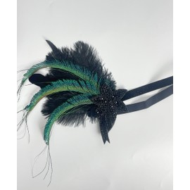 Flapper Headpiece 1920s Roaring 20s Great Gatsby Headband for Women - Black and Green Peacock Feathers Hair Accessories with Beaded