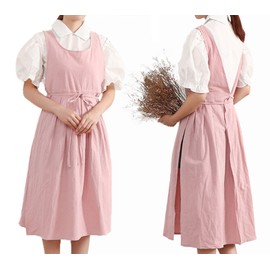 losofar Women Girls Vintage Pleated Split Apron V Neck Gardening Works Cotton Overall Smock Pinafore Dress (pink, 40" L)