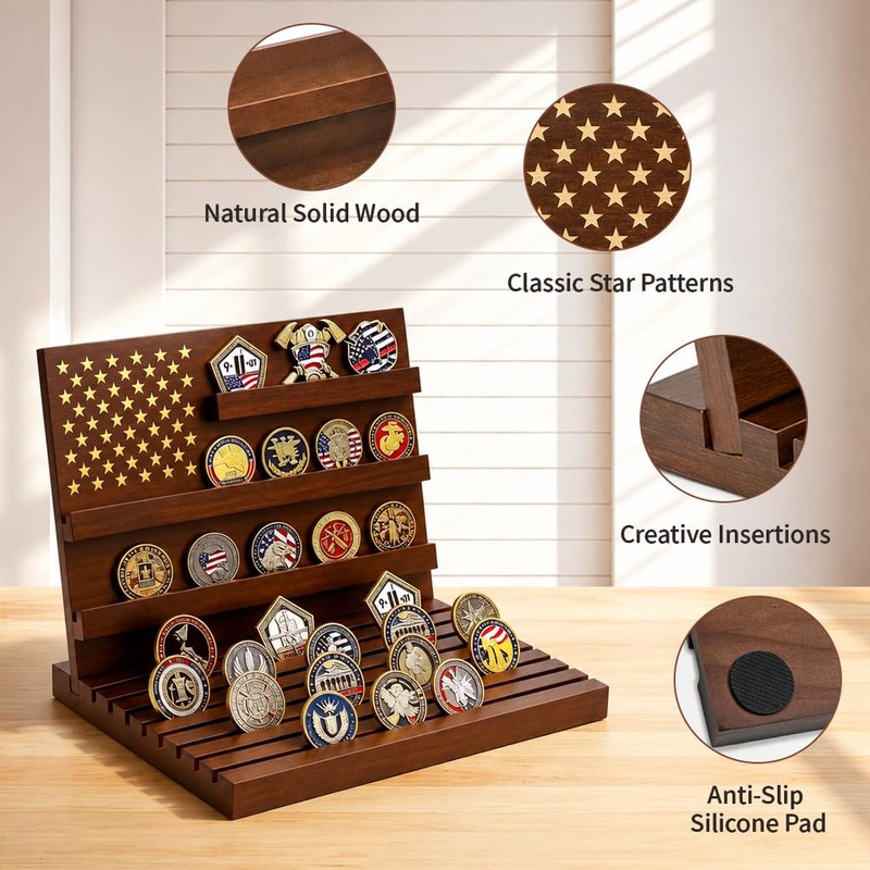 Challenge Coin Display, Solid Wood Military Holder Up to 80