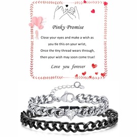 Matching Couple Cuban Chain Bracelets Gifts for Boyfriend Husband Soulmate Girlfriend Valentine's Day Anniversary Birthday Christmas Gift for Him and Her,Adjustable Size (Black+Silver, Pinky Promise)