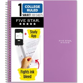 Five Star Spiral Notebook + Study App, 1 Subject, College Ruled Paper, 8-1/2" x 11", 100 Sheets, Fights Ink Bleed, Water Resistant Cover, Amethyst Purple (38744)