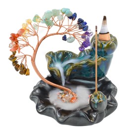 MrMrKura Backflow Incense Burner, Ceramic Incense Waterfall Burner with 7 Chakras Healing Crystals Tree Fountain Incense Holders for Yoga Meditation Home Decor (Curve)