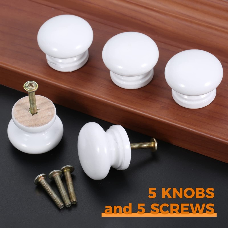 Mgoodoo 5PCS White Wood Knobs, 1.34'' Round Mushroom Wooden Knobs