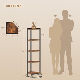 Hzuaneri Corner Shelf with LED Light, 5-Tier Corner Bookshelf, Tall Narrow Display Bookcase with Metal Frame, Standing Shelf for Small Space, Living Room, Home Office, Bedroom, Rustic Brown CS66501B