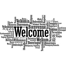Decal Wall Sticker : Welcome Welcome in All Languages Bilingual Greetings Salutations Size: 18 Inches X 25 Inches - 22 Colors Available