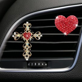 UHANBUT 2PCS Bling Cross & Heart Car Dashboard Air Vent Trim Clip, Sparkly Crystal Rhinestone Air Conditioner Outlet Vent Clips Charm, Universal Vehicle Interior Diffuser Accessory for Women (Red)