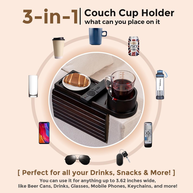 Couch Cup Holder Tray for Armrests Over 4.9" Wide, Bamboo