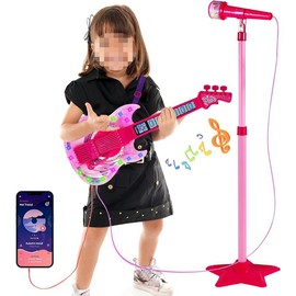 Guitar and Microphone Play Set for Kids, Karaoke Machine Toy with Music&Light for Girls Boys, Microphone Toys with Stand, Adjustable Height Guitar Toys for Child - Color: Blue-2