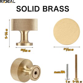 RZDEAL 4pcs Solid Brass Cabinet Knobs Pulls Cabinet Drawer Dresser Gold Knobs Modern Knurled Knobs Handles (1"x1"/25mmx25mm), Brushed Brass Finish