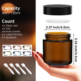 Yokodaza 4 Pack 4 oz Glass Jars with Lids, Amber Refillable Containers with Inner Liners - Empty Cosmetic Jars with Labels & Spatulas for Makeup Lotion Candles Jam Storage