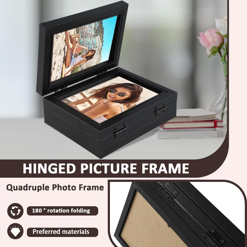 Photo Frame Hold 4 Photos, 4x6 Hinged Folding Wood Picture