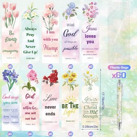 Stuffygreenus 60 Sets Christian Bible Verse Pens Gifts Bulk with Bookmarks Inspirational Scripture Pens Religious Ballpoint Pen with Black Ink Floral Design for Prayers Women Church Gifts (Floral)
